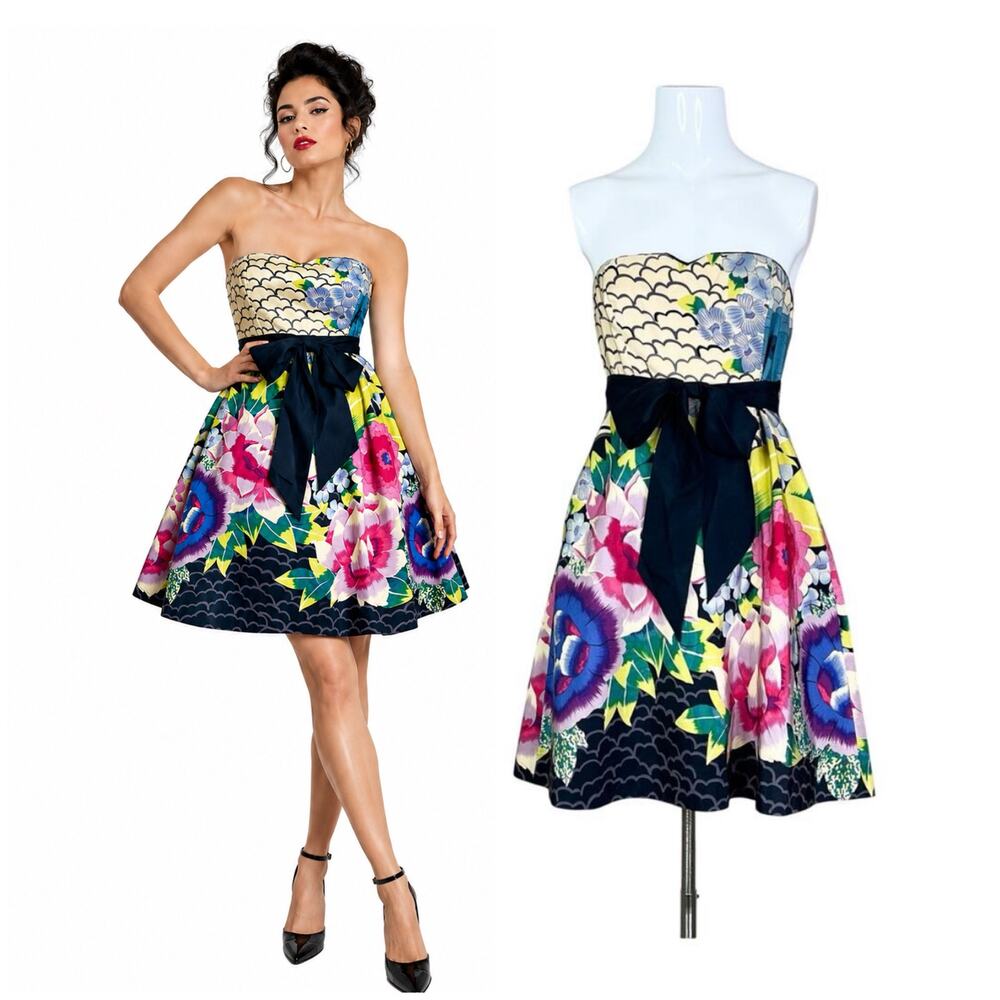 Anthropologie | Moulinette Soeurs Silk Strapless Floral Bow Fit Flare Dress 2